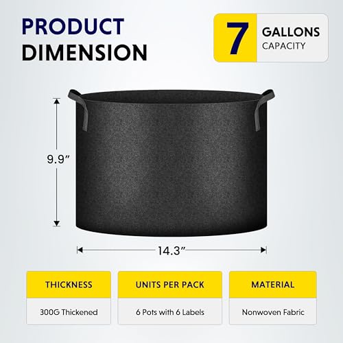 iPower Grow Bag 7 Gallon 6-Pack Heavy Duty Plant Pots, 300g Thick Nonwoven Fabric Containers Aeration with Nylon Handles, for Planting Vegetables, Fruits, Flowers, Black 2024 Version - color: Black, size: 7 Gallon
