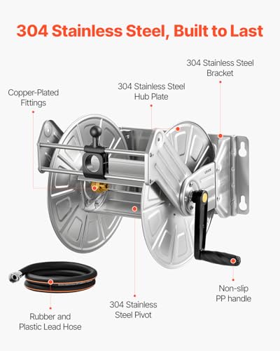 VEVOR Wall Mounted Garden Hose Reel Holds 150 ft 5/8-inch Water Hose Winder - color: Silver, size: 150ft, 5/8-inch, Wall Mounted