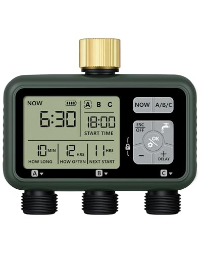 3 Zone Brass Sprinkler Timer, Garden Hose Timer, Automatic Irrigation System, Programmable Faucet, 3 Outlets, with Rain Delay, Manual Mode,Child Lock, for Yard, Garden, Lawn, Green E13WT06