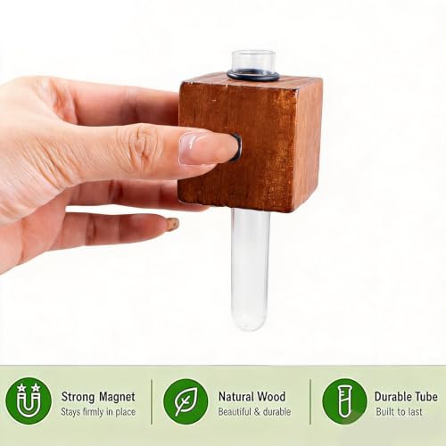 4 PCS Wooden Flower Vase Fridge Magnets, Glass Tube Flower Vase