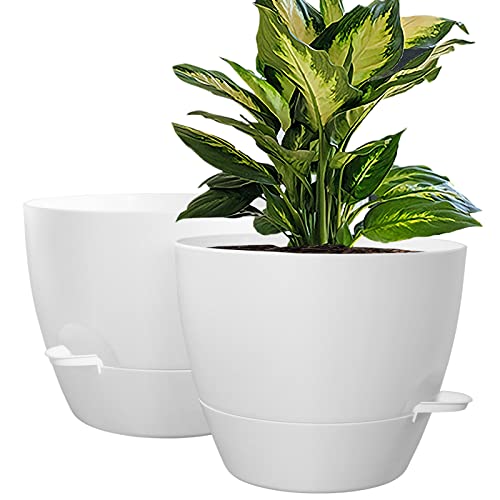 WOUSIWER 10 inch Self Watering Planters, 2 Pack Large Plastic Plant Pots with Deep Reservior and High Drainage Holes for Indoor Outdoor Plants and Flowers, White - color: White