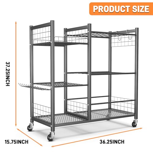 TORACK Garden Tool Stand with Wheels, Rakes Shovels Holder Yard Tools Organizer for Garage, Garden, Shed Indoor/Outdoor Long-Handled Tools Cart(Tool stand with side shelves) - style: Tool stand with side shelves