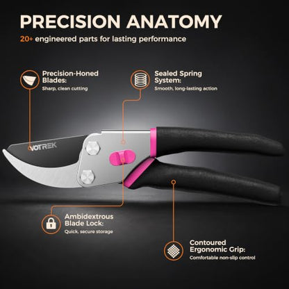 Bypass Pruning Shears, 8.5" Jam-Proof Spring Clippers for branches - color: Rose Pink-new