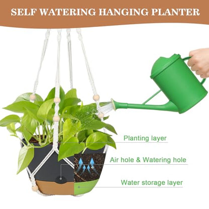 3 Pack Hanging Planters Set, 10inch Self-Watering Hanging Plant Pot, Macrame Plant Hanger with Pot, Chains, S & Ceiling Hooks, Removable Saucer and Drainage Holes for Indoor, Outdoor Plants - Black - color: Black