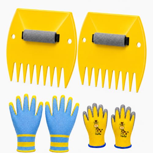 Leaf Scoops Hand Rakes, Leaf Claws & Leaf Grabbers for Yard Work with Adult & Kids Garden Gloves, Soft Handle Covers, Family Yard Cleanup Kit for Leaves and Grass Clippings - style: Family Version