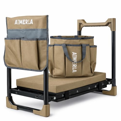 Aimerla K7 Foldable Garden Kneeler Seat, Upgraded Anti-Slip Base, 350LBS Capacity, 10.2" Wide EVA Pad & Detachable Cloud Cushion, 2-in-1 Kneeler Bench for Seniors, Gardening Gifts for Parents - color: Khaki