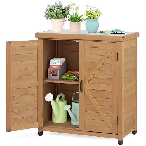 Outdoor Storage Cabinet & Potting Bench Table with Metal Top, Wooden Patio Furniture, Garden Workstation (Light Brwon, 36x31x17in) - color: Light Brwon, size: 36x31x17in