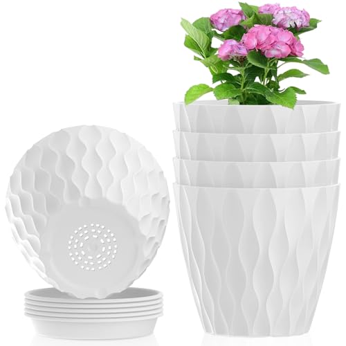 Meowell 6 inch Flower Pots, 5 Pack Plant Pots for Indoor Outdoor Plants, Water Ripples Plastic Planters with Drainage Holes and Saucers, Nursery Pots for Small Succulent Garden House Plants, White - color: White, size: 6 inch 5 pieces