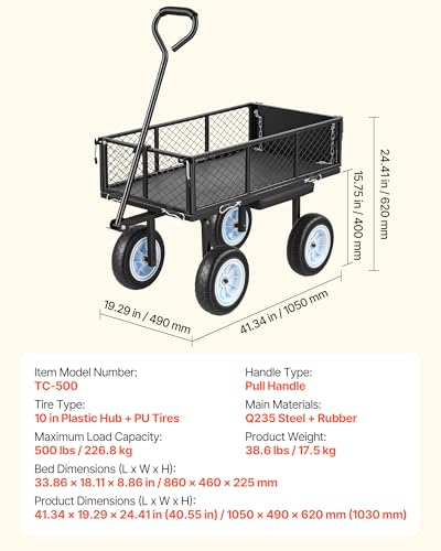 VEVOR 500 LBS Steel Garden Cart with Work Seat, Heavy Duty Garden Wagon Cart on Wheels, Outdoor Metal Utility Yard Wagon Gardening Stool with 10inch Flat Free Tires, Tool Tray & Adjustable Handle - color: Black