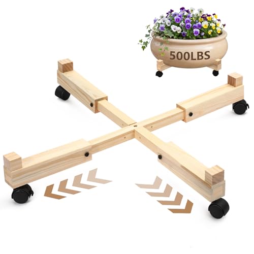 Novabright Adjustable Plant Stand with Wheels 21-30 Inch Heavy Duty Rolling Plant Dolly Wooden Caddy with 4 Lockable Caster Wheels for Outdoor Indoor Large Pots Planter