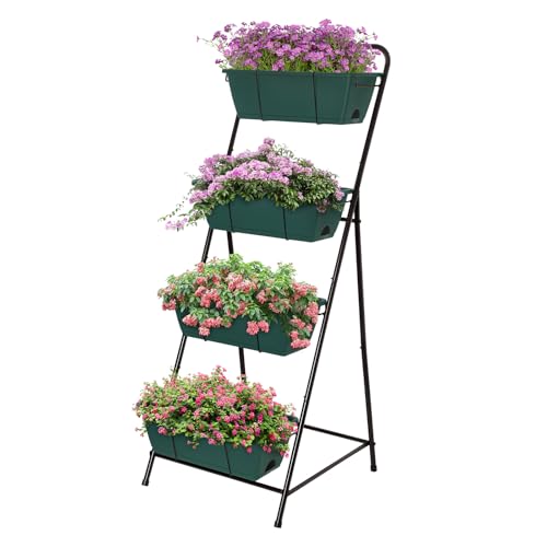 Vertical Raised Garden Bed 4 Tier Garden Planter for Outdoor Plants Standing Garden Planters with Drainage Holes Removable Tray for Herbs Flowers Vegetables Plants (Green) - color: Green