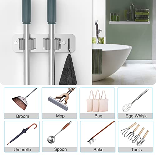 homeasy Wall Mount Mop and Broom Holder, Heavy Duty Stainless Steel Organizer Rack with Hooks | 2-Pack, 2-in-1 No Drill & Screw Installation, Silver - color: Silver-2