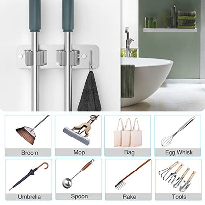 homeasy Wall Mount Mop and Broom Holder, Heavy Duty Stainless Steel Organizer Rack with Hooks | 2-Pack, 2-in-1 No Drill & Screw Installation, Silver - color: Silver-2