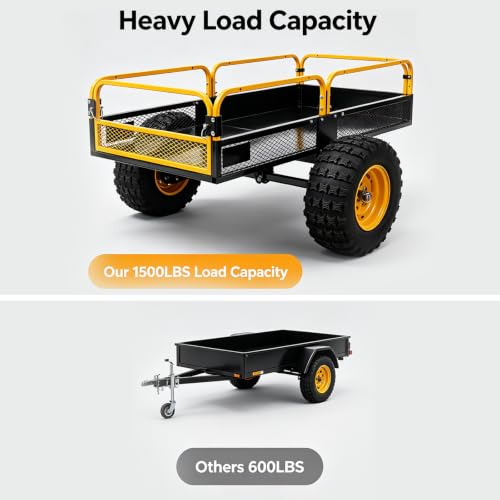 Trailer Tow Behind Dump Cart 1000 lbs Load Capacity Heavy Duty ATV UTV Yard Garden Trailer Pull Behind Dump Trailer for Lawn Mower Tractor， Yellow - color: Yellow