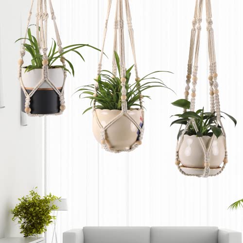 Macrame Plant Hangers with Beads for Indoor and Outdoor, 3 Pack - color: White