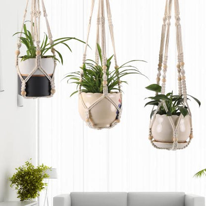 Macrame Plant Hangers with Beads for Indoor and Outdoor, 3 Pack - color: White