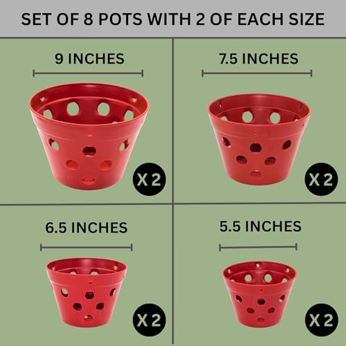 Set of 8 Strong Thick Plastic Hanging Orchid Pots with Holes and Hangers. 2 Each of 9 Inches Wide, 7.5 Inches, 6.5 Inches, 5.5 Inches, Orchid Pots for Repotting, Orchid Planters