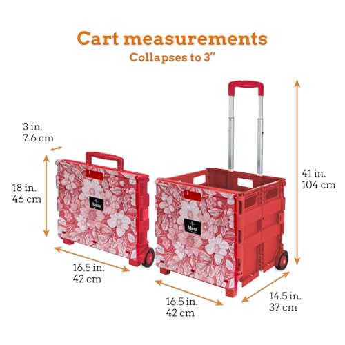 Inspired Living Ultra-Slim Rolling Collapsible Storage Pack-N-Roll Utility-carts, with Telescopic Handle, for Home, Garden, Shopping, Office, School use, Large, Red, White Flower Print - color: Flower Print