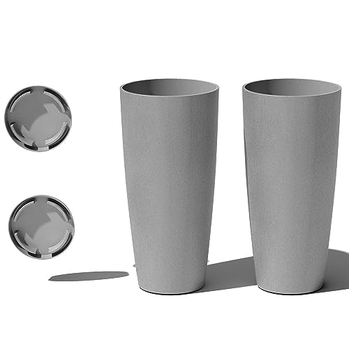 Veradek Vega Round Tall Planter Pots for Indoor/Outdoor Use | Made from Plastic - Stone Mix with Drainage Holes | Perfect for Small to Large Succulent Plants, Flowers, Modern Interior Plants - color: Gray, size: 28 inch - 2 pack with saucers