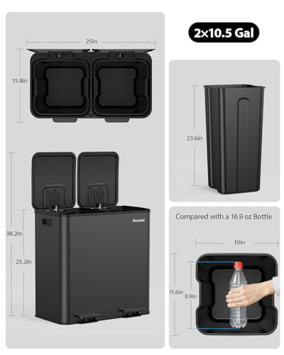 Lovewind Trash Can, 2 x 10.5 Gallon (2 x 40 L) Garbage Can for Kitchen Dual Compartment Recycling Kitchen Step Trash Bin, Stainless Steel Trash and Recycle Bin Combo with Soft-Close Lid, Black - color: Black