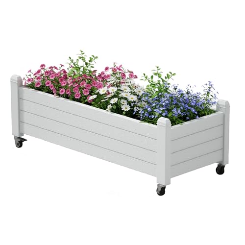 Raised Garden Bed with Wheels, Resin Planter Box with Drain Hole and Water Level Detector, Herb Planter for Garden Patio Backyard, Ashen(13.3" H) - color: Ashen, size: 13.3"h