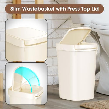 CEROELDA 3 Pack Bathroom Trash Can with Lid, 10L/2.6 Gal Small Garbage Can with Press Top Lid, Slim Plastic Waste Basket for Toilet, Office, Bedroom (Beige) - color: 3 Pack-Beige