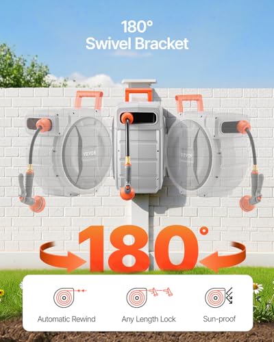 VEVOR Retractable Garden Hose Reel, 5/8 Inch x 100 ft Wall Mounted Hose Reel, Heavy Duty Garden Hose Reel with 9 Patterns Nozzle, Any Length Lock, Upgraded Slow Return System and 180°Swivel Bracket - size: 5/8 in x 100 ft