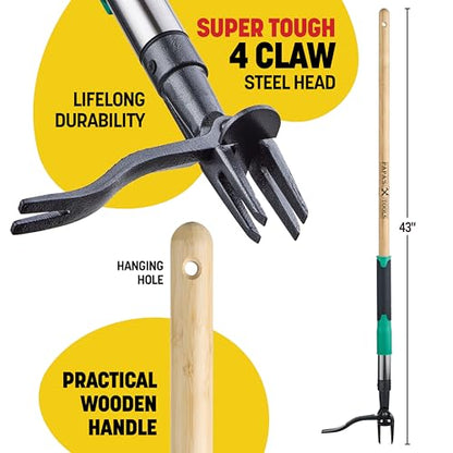 Papa's Tools Weed Puller Tool, 44" Stand Up Weeder Garden Tools & 4 Claw Steel Head, Dual Weed Eject Tech. Made with Real Bamboo & Long Wooden Handle, Yard Weeding Remover for Gardening Men & Women - color: Natural / Green