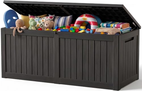 Outdoor Storage Box, 370 Gallon Waterproof Resin Deck Box with Support Rod - color: Black, size: 370 Gal