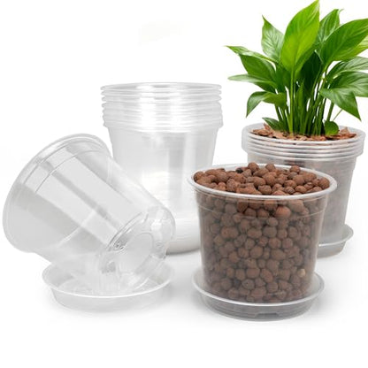 RAOOKIF 6 Inch Nursery Pots with Saucers, 15 Pack Clear Nursery Pots with Drainage Hole for Indoor Outdoor, Plastic Clear Pots for Plants for Flowers, Succulents, Small Herbs - size: 6 inch-15pcs