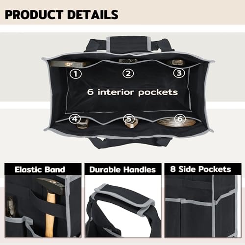 Tool Bag,Tool Pouch with 6 Pockets,Heavy Duty Waxed Canvas Garden Tool Bag Tool Case,16.5 x 7 x 12 Inch & Black - color: Black