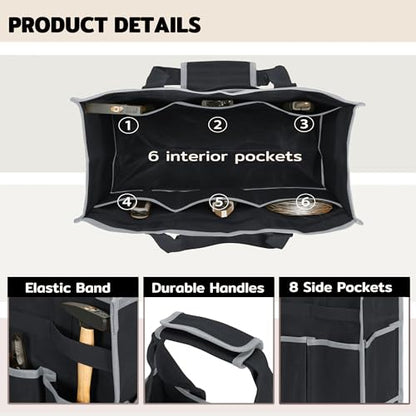 Tool Bag,Tool Pouch with 6 Pockets,Heavy Duty Waxed Canvas Garden Tool Bag Tool Case,16.5 x 7 x 12 Inch & Black - color: Black