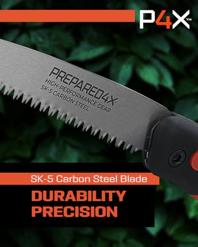 Prepared4X Folding Saw - 8.5" Camping Saw for wood cutting -Heavy Duty, Lightweight SK-5 Steel Blade with Safety Lock, Ergonomic Non-Slip Grip