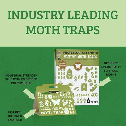 Professor Killamoth Superior Pantry Moth Traps 6-Pack with Pheromones Prime | No Insecticides | Safe, Non-Toxic and Child and Pet Friendly Pantry Protection | Superior Attractant