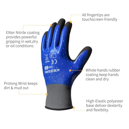 KEZERS Waterproof Work Gloves,12 Pairs Nitrile Coated Gloves for Men & Women,Non-slip Working Gloves for Garden Outdoor - size: Small