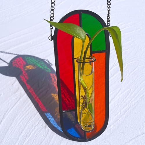 LITMIND Hanging Planter Terrarium with Vibrant Stained Glass Suncatcher Elements, Hydroponic Mini Plants Propagation Station - Perfect for Home & Garden Decor, Includes 2 Glass Propagation Tube - color: Style C02 (Candy Colors)