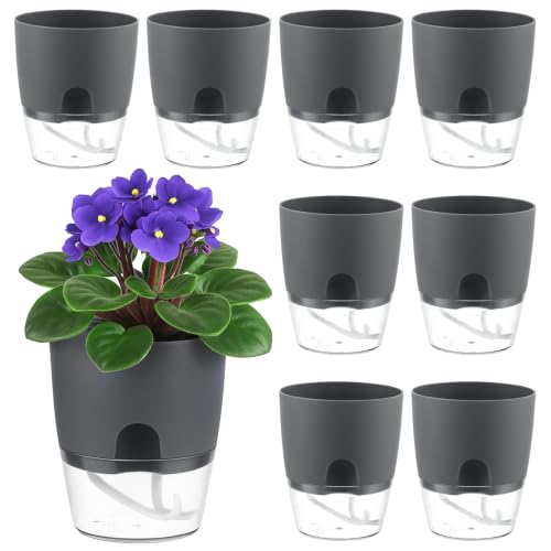 Planterhoma 8 Pack Self Watering Pots for Indoor Plants, 4 Inch Plant Pot Plastic Self Watering Planter for Orchid, African Violet, Small Clear Flower Pots with Drainage Holes and Wicking Rope, Grey - color: Gray, size: 4 In - 8 Packs