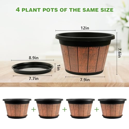 4 Pack 12 inch Plant Pot,Large Whiskey Barrel Planters Indoor Outdoor - size: 12 Inch
