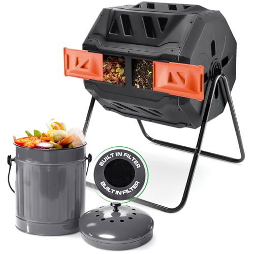 PLASTIC PRINCE Set of 43 Gallon Compost Bin Outdoor and 1.5 Gallon Compost Bin Kitchen with Lid and Charcoal Filter - Dual Chamber Tumbler Rotating - Metal Pail for Countertop, Orange, Gray - color: Black/Orange/Gray