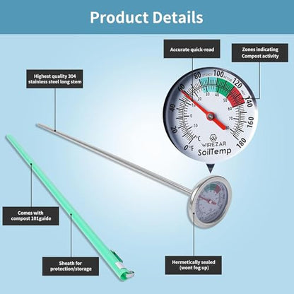 5 Inch Soil Thermometer (2 Pack), Stainless Steel, Waterproof, Easy-to-Read - size: 5''(2Pack)