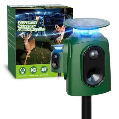 360° Solar Deer Repellent Devices, Motion Activated Cat Repellent Outdoor with LED Lights, Waterproof Ultrasonic Animal Repeller, Repel Coyote, Raccoon & Skunk Out of Yard