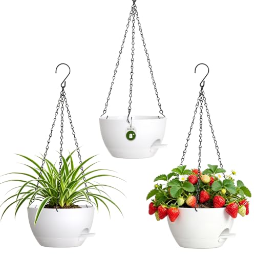 8 Inch Self Watering Hanging Planters Set of 3 with Saucers - color: White, size: 8 Inch 3 Pack