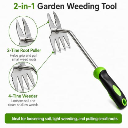NWDEY 14 Inch Dual-Ended Hand Weeder, 4-Tine Fork & 2-Prong Root Puller