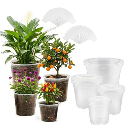 16 Pack 10/7/6/5 Inch Clear Nursery Pots with Drainage Holes, Large Clear Plastic Pots with Plant Labels, Nursery Pots for Seedlings, Herbs, Vegetables, Flowers