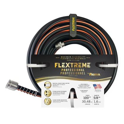 Flexon Flextreme Pro 5/8" x 100ft Performance Rubber Garden Hose – Heavy-Duty, Kink-Resistant, All-Weather Flexibility, Industrial-Grade Couplings, Durable Outdoor Watering Hose for Lawn & Garden - size: 100 Feet