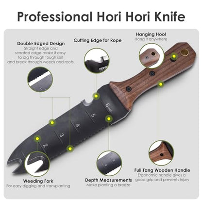 PERWIN Hori Hori Garden Knife, Garden Tools with Sheath for Weeding, Planting, Digging, 7" Stainless Steel Blade with Cutting Edge, Full-Tang Walnut Wood Handle with Hanging Hole - size: 7"