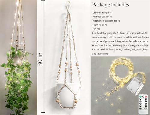 Comtelek Hanging Planter with Lights Indoor Macrame Plant Hanger Basket with Wood Beads Flower Pot Holder No Tassels for Boho Home Window Decor 35 Inch, Ivory (POTS NOT Included) - size: No Tassels + LED Lights