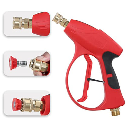 Sooprinse Short Pressure Washer Gun 3000 PSI, 7 Inch Replacement Extension Curved Wand, 5 Nozzle Tips, M22-14 Inlet - color: Red