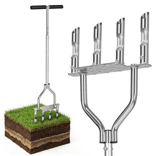 Manual Lawn Core Aerator with 4 Hollow Tines, Plug Aerator Tool