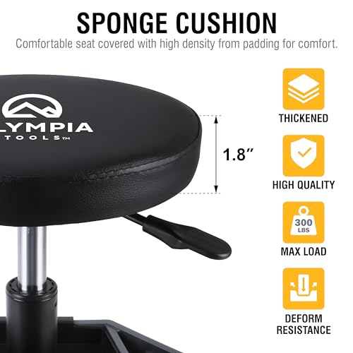 Olympia Tools Adjustable Hydraulic Rolling Mechanics Stool with with Removable Tool Tray, 300lbs Max Weight Capacity, 419-110-1002 - style: Round
